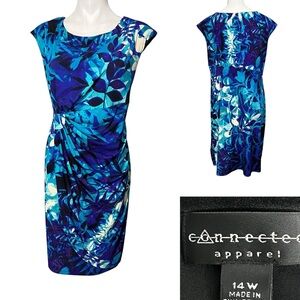 Connected Apparel dress 14w Blue Leaf Print multicolor ruched faux wrap